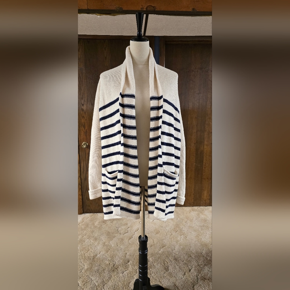 J. CREW Cream and Navy Shawl-Collar Striped Cardigan, Sz L - Picture 3 of 14